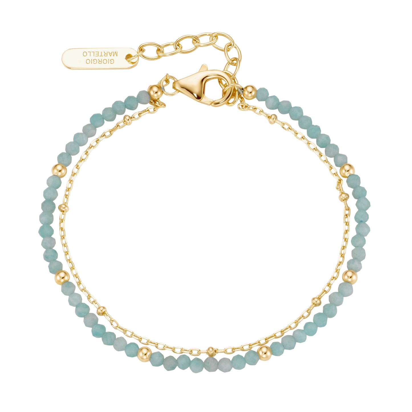 Armband 19 cm 2-reihig Kugeln Amazonit und Silber 925/- Sterling Silber gelb vergoldet