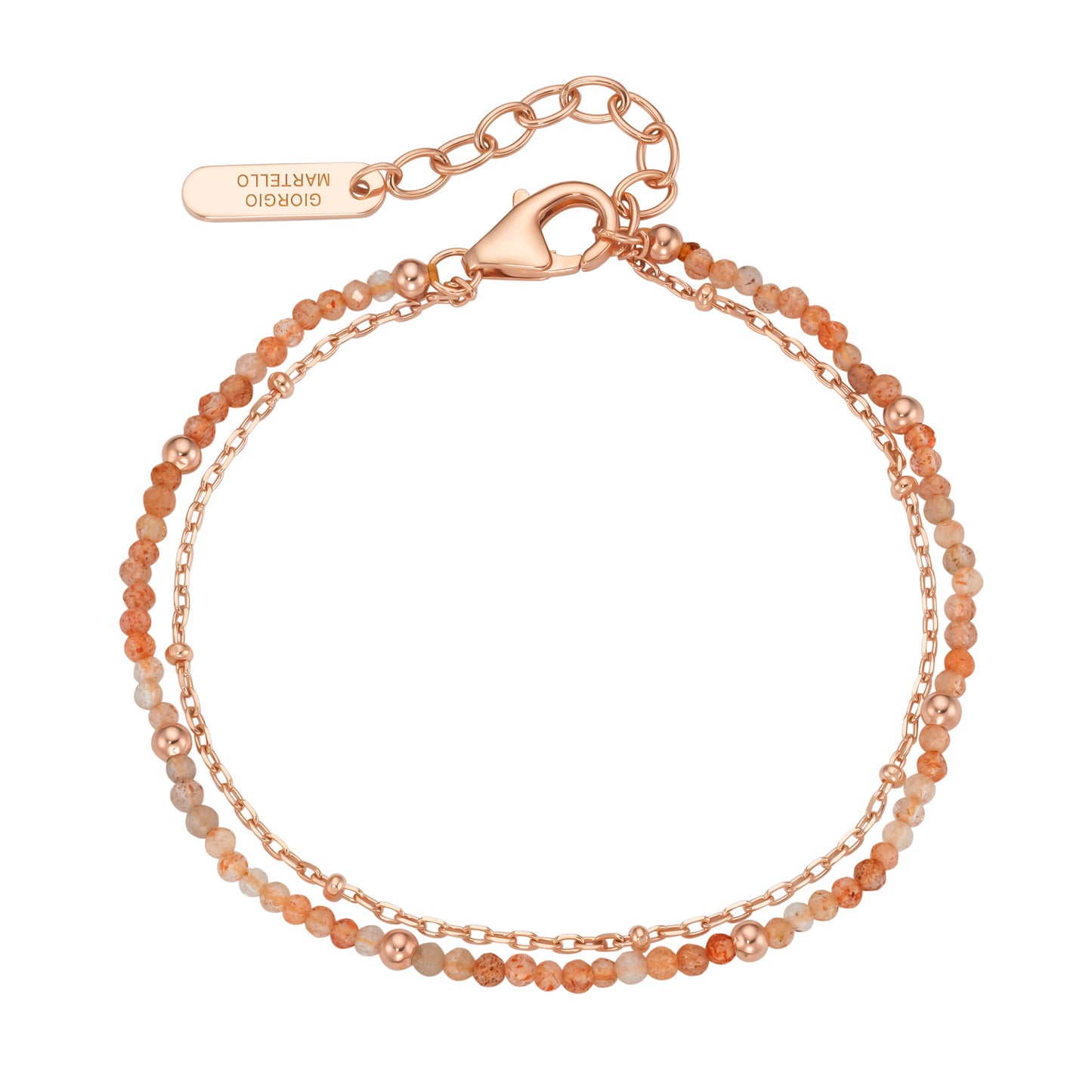 Armband 19 cm 2-reihig Kugeln Sonnenstein und Silber 925/- Sterling Silber rose´vergoldet