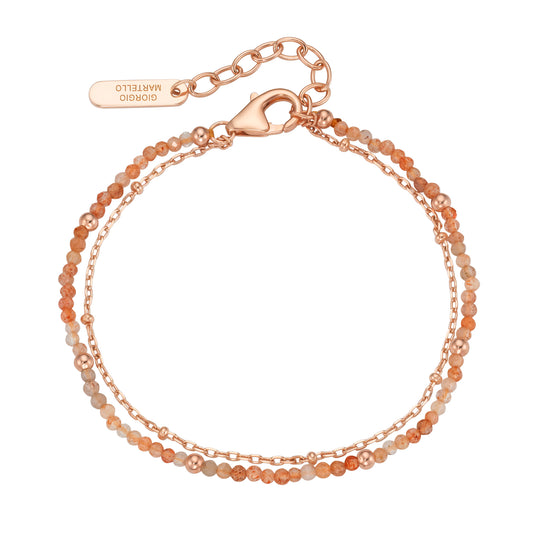Armband 19 cm 2-reihig Kugeln Sonnenstein und Silber 925/- Sterling Silber rose´vergoldet